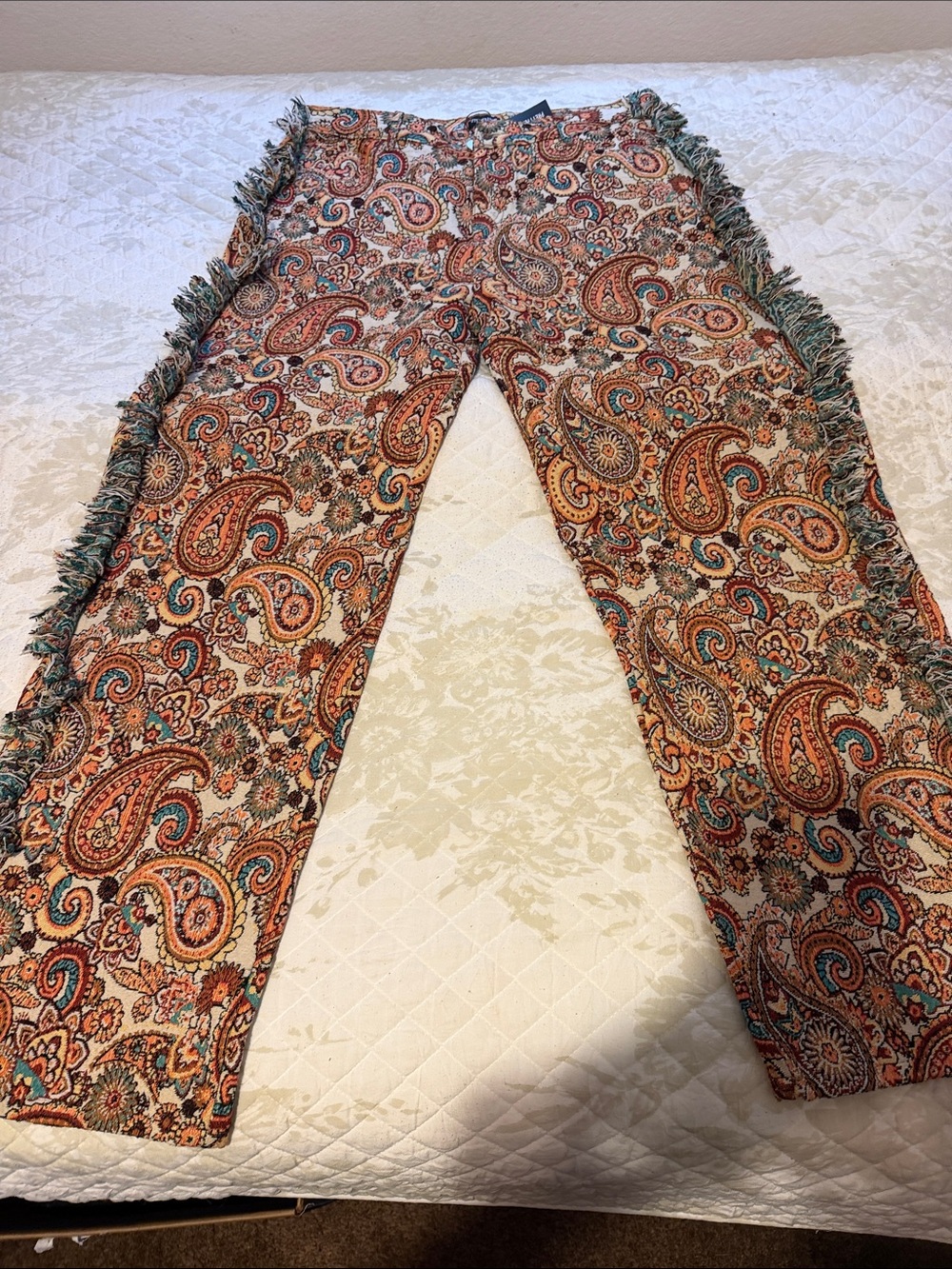 PrettyLittleThing Orange and Teal Paisley Fringe Trousers